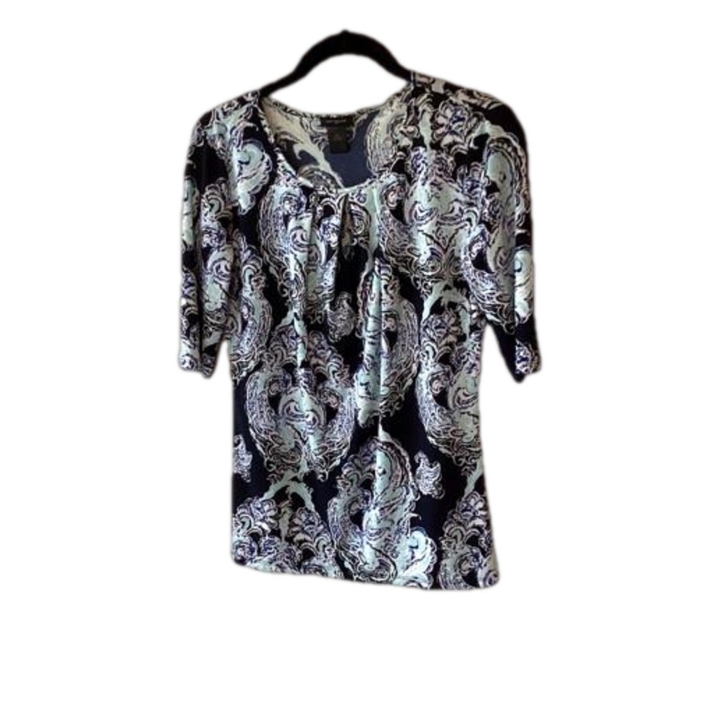 Ann Taylor Factory Paisley Blouse Green Blue Short Sleeve XS